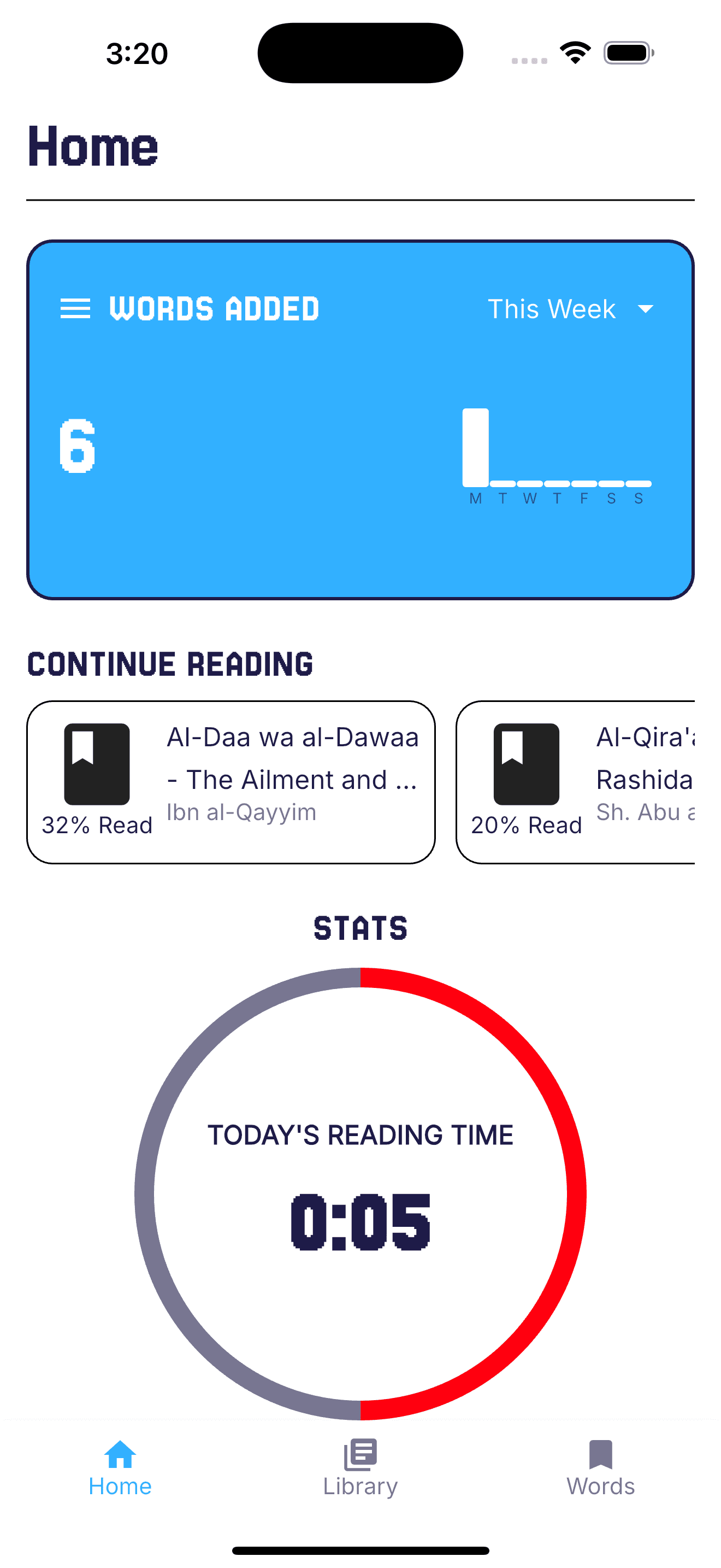 AFB dashboard showing weekly word progress, current reading, and reading time statistics