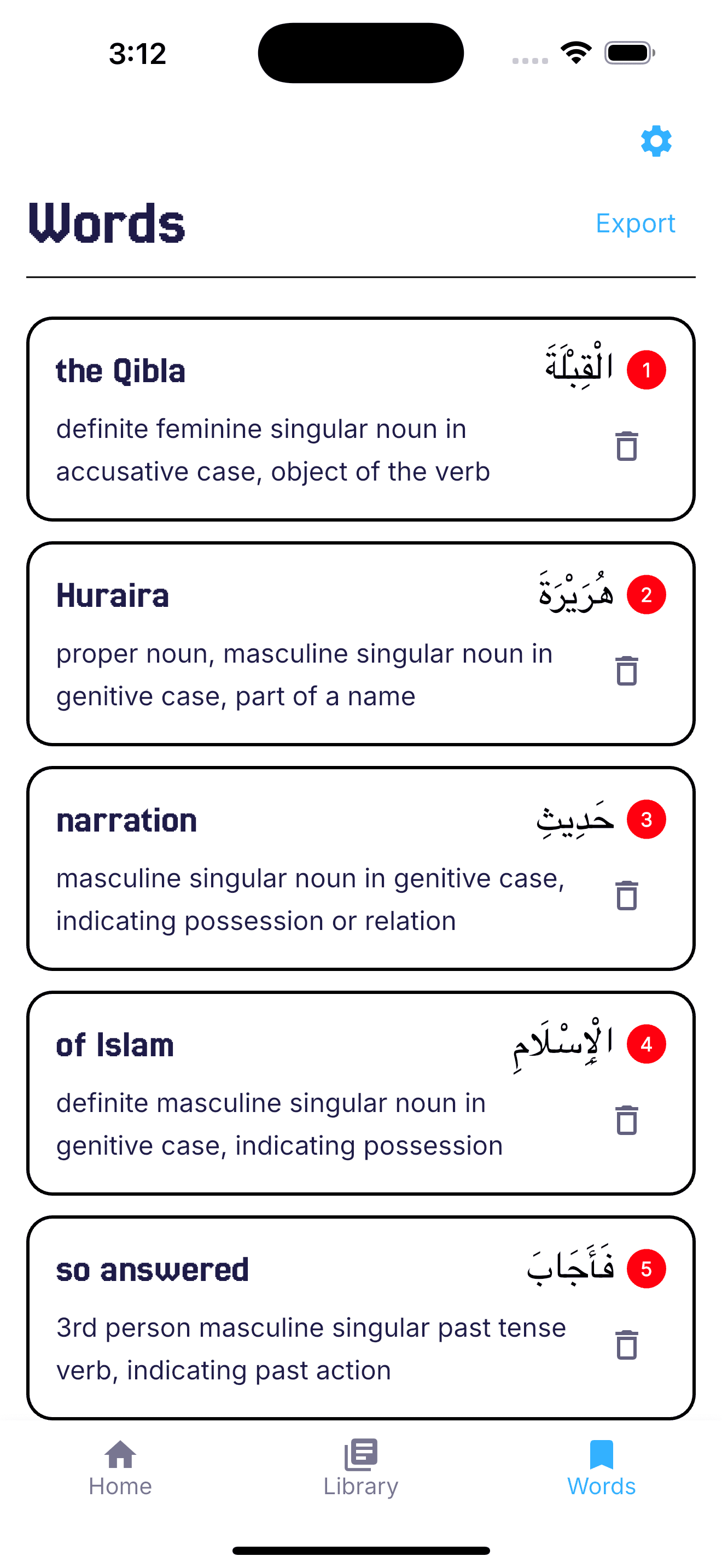 Vocabulary list displaying saved Arabic words with meanings and grammar notes