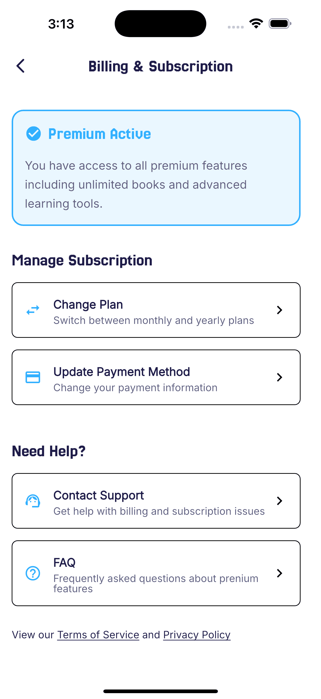 Billing screen showing active premium subscription management